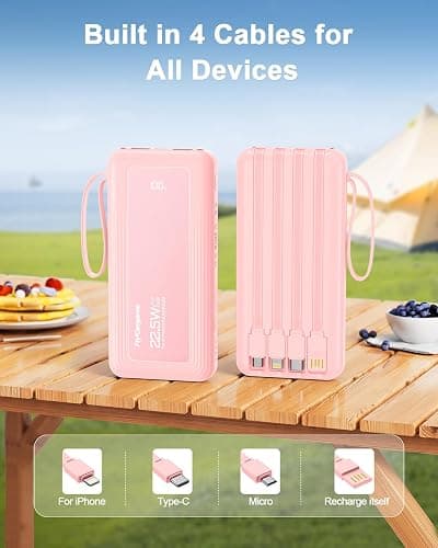 FlyKangaroo Powerbank mit integrierten Kabeln, 10000mAh, 22,5W Schnellladefunktion, USB-C LED-Anzeige, tragbares Ladegerät mit 6 Ausgängen & 2 Eingängen für iPhone, Samsung, Pixel, LG, Moto, pink thumbnail 3