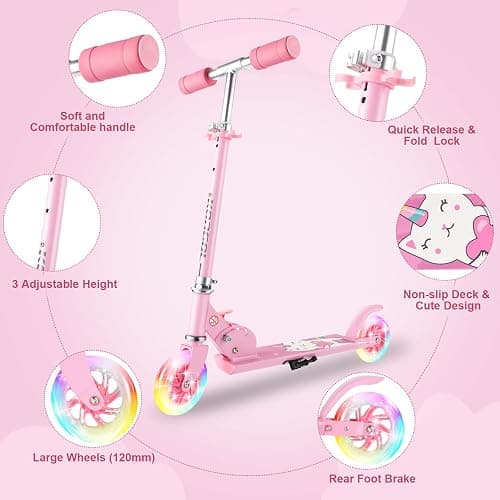 Scooter for Kids Ages 3-12 - Kids Kick Scooters with Led Light Up Wheels & 3 Levels Adjustable Handlebar, Lightweight Foldable 2 Wheel Girly Pink Scooter Christmas Birthday for Girls Boys. thumbnail 4