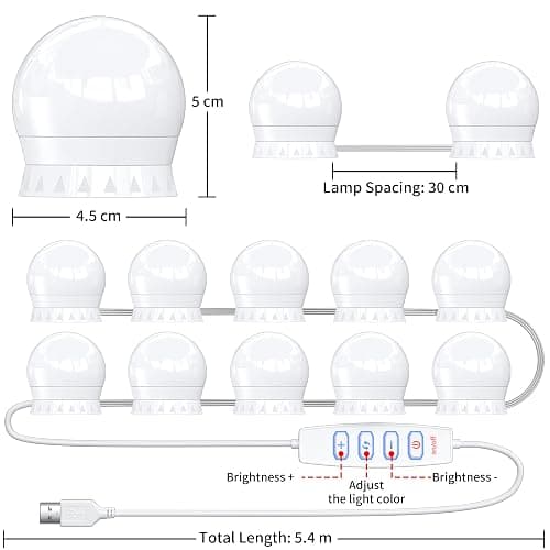 daphomeu Lumière de Miroir, 10 Ampoules Hollywood Kit de Lumière LED, Câbles parfaitement Cachés, 3 Couleurs et 10 Intensités, Lumière Miroir USB pour Coiffeuse Maquillage thumbnail 2