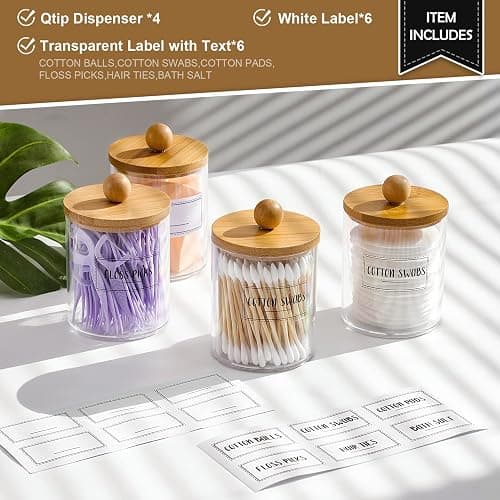 4 Pack Qtip Holder Dispenser with Bamboo Lids - 10 oz Clear Plastic Apothecary Jar Containers for Vanity Makeup Organizer Storage - Bathroom Accessories Set for Cotton Swab, Ball, Pads, Floss thumbnail 2
