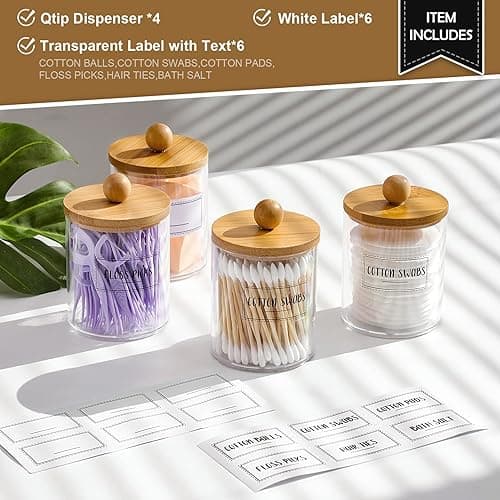 4 Pack Qtip Holder Dispenser with Bamboo Lids - 10 oz Clear Plastic Apothecary Jar Containers for Vanity Makeup Organizer Storage - Bathroom Accessories Set for Cotton Swab, Ball, Pads, Floss thumbnail 3