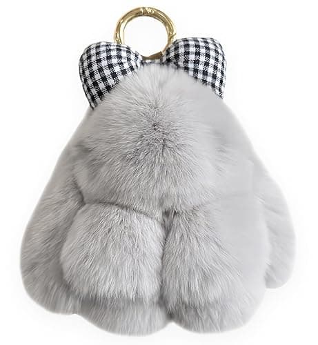 JINGGWW Fluffy Bunny Keychain Plush, Cute Plush Rabbit Keychain, Kawaii Fluffy Shy Face-Covering Bunny Keyring - Image 1