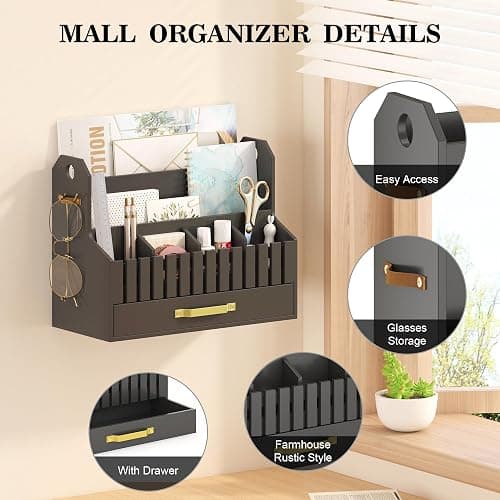Bamboo Mail Organizer Countertop with Drawers, Wood Desk File Organizer Desktop Paper Organization Storage Bill & Letter Sorter Holder for School Home Office Supplies, No Assembly Required (Black) thumbnail 5