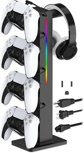 KAFRI RGB Gaming Headphone Stand with Controller Holder, Desk Organizer with Retractable Charger Cable, 2 AC Outlets & 4 Type-C Charging Ports, PC Gaming Accessories for Headset & Controller (Black) - Image 1
