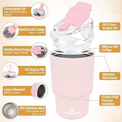 Philorn Coffee Cup Travel Mug, 14OZ/400ml Insulated Coffee Cup | with Double Wall, Reusable Coffee Cups with Lid & Straw, Pink Travel Cup for Hot and Cold Drinks thumbnail 3