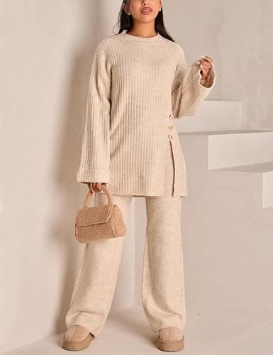 HYLLGUD Womens Sweater Sets 2 Piece Outfits round neck Pullover Wide Leg Pant Slouchy Loungewear thumbnail 3