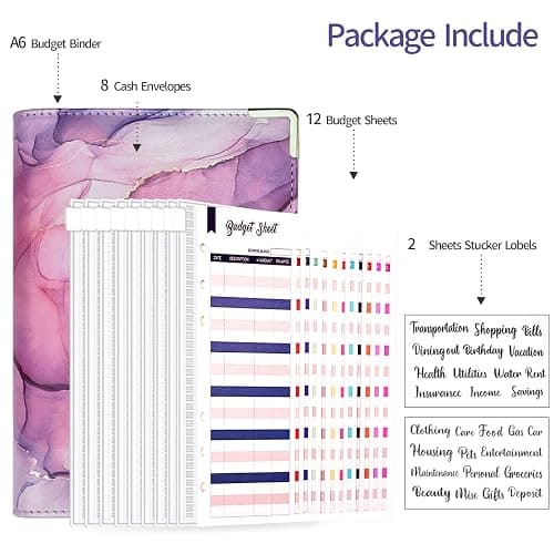 Budget Binder, A6 Marble PU Leather Binder, 6 Ring Budget Planner Organizer with 8 Zipper Cash Envelopes, 12 Expense Budget Sheets, 2 Letter Label Sticker for Budgeting, Saving Money (Purple) thumbnail 3