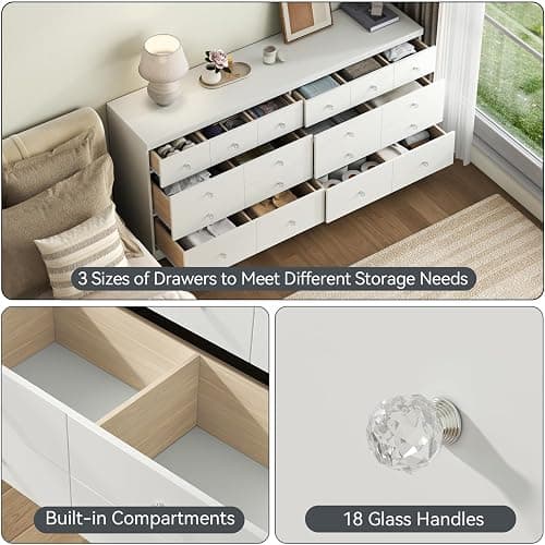 63'' Long Dresser for Bedroom, Modern 6 Drawer Dresser with 14 Organized Compartments & Glass Handles, Extra Large Chest of Drawers with Storage Drawer, Double Wide White Wood Dressers for Bedroom thumbnail 5