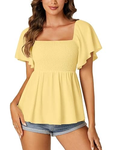LYANER Women's Square Neck Cute Peplum Top | Ruffle Smocked Short Sleeve Ruched Flowy Casual Babydoll Blouse Top Shirts - Image 1