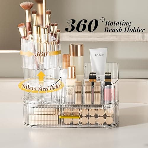 Delamu Makeup Organizer for Vanity with Stackable Drawers, 360 Rotating Makeup Brush Holder Large Cosmetic Display Case, Bathroom Skincare Storage, Crystal Clear, Ideal Christmas Gifts for Girls thumbnail 5