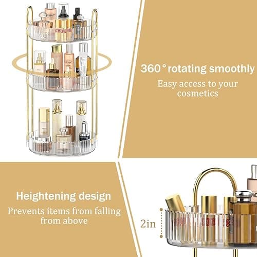 MOKANI 360 Rotating Makeup Organiser, 3 Tiers Spinning Skincare Organiser, Multi-Function Make Up Storage, Large Capacity Cosmetic Perfume Stand for Vanity, Bathroom and Bedroom - Transparent thumbnail 2