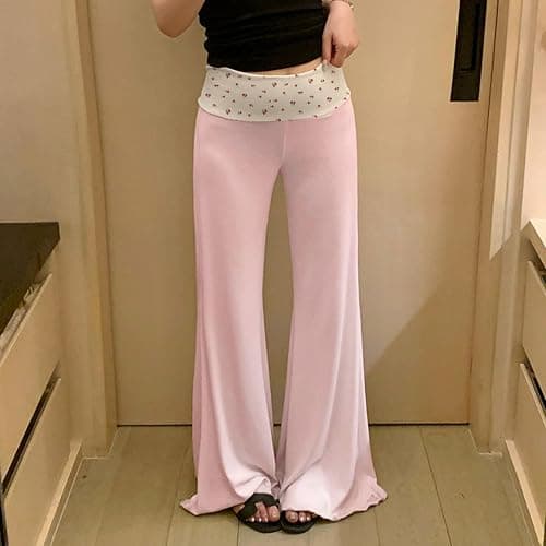Coquette Cute Fold Over Yoga Pants Women Priscilla Wide Leg Flare Leggings Aesthetic Workout Clothes Y2k Bottoms thumbnail 2