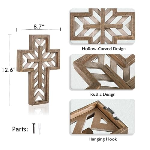 Crucifix Wall Cross - 12 Inch Handmade Unique Rustic Wooden Catholic Spiritual Art Church Home Room Decor - Brown thumbnail 6