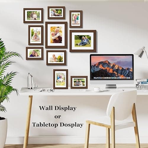 Povrgive Picture Frames Set of 10-8x10, 5x7, 4x6 Photo Frames, Gallery Frame Set for Collage Wall Decor, Wood Frame with Glass Front and Mat Options for Wall and Tabletop Display, Brown thumbnail 5