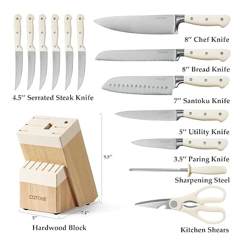 CAROTE 14 Pieces Knife Set with Block, Forged, High Carbon Stainless Steel Sharp Blade Block Knife Set, Dishwasher Safe Cutlery, Cream thumbnail 3