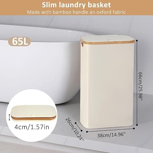 iEGrow 65L Slim Laundry Hamper, Narrow Laundry Basket with Lid,Foldable Clothes Hamper with Bamboo Handles,Hamper Basket with Removable Inner Bag for Laundry Room Bedroom College Dorm,17.17 Gals Beige thumbnail 3