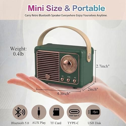 Dosmix Retro Bluetooth Speaker, Vintage Decor, Mini Wireless Bluetooth Speaker, Cute Old Fashion Style for Kitchen Desk Bedroom Office Party Outdoor Accessories for iPhone Android (Green) thumbnail 3