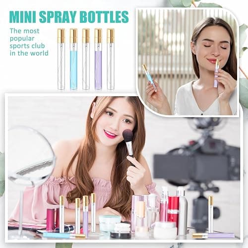Zhehao 50 Pcs Mini Spray Bottles, Perfume Bottle, Gold Cap, 10 Ml | Clear Glass Bulk Refillable Fine Mist Perfume Atomizer, Portable Empty Sample Containers for Cleaning, Essential Oils, Travel thumbnail 6