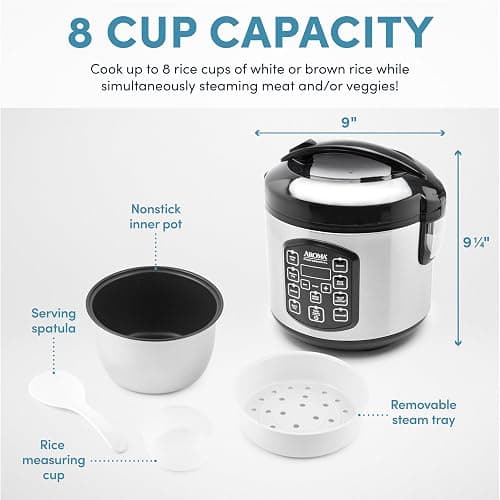 AROMA Professional Digital Rice Cooker, Multicooker, 4-Cup (Uncooked) / 8-Cup (Cooked), Steamer, Slow Cooker, Oatmeal Cooker, STS, Auto Keep Warm, 2 Qt, Stainless Steel Exterior, ARC-954SBD thumbnail 3