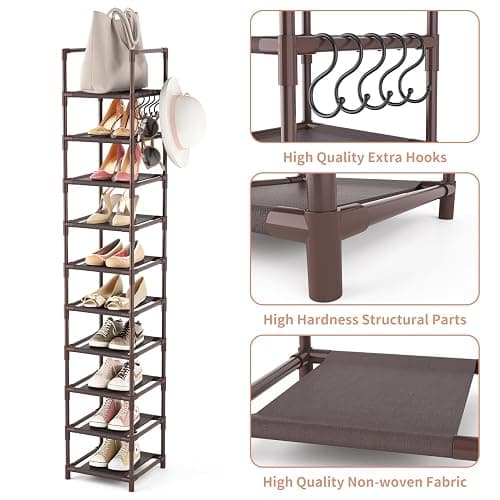 LANTEFUL Tall Shoe Rack 10-Tier Narrow Shoe Shelf Storage for 10-15 Pairs Shoe and Boot, Sturdy Shoe Storage Space Saving Corner Shoe Rack Organizer for Closet, Entryway, Living Room, Brown thumbnail 4