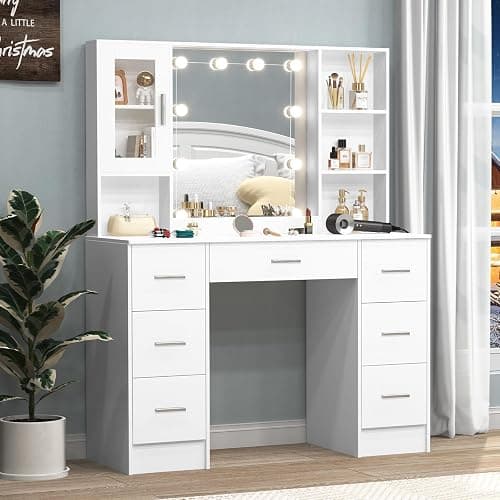 Makeup Vanity with Lights and Mirror, Large Vanity Desk with Drawers Makeup Table with Lighted Mirror, 3 Lighting Colors, Modern Vanity Dressing Table for Bedroom (Sliver Handle -K3U44) - Image 1
