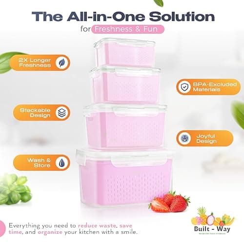 Built-Way Fruit Storage Containers for Fridge - Set of 4 - Airtight Lid Keeps Fresh - For Fruit & Vegetable Storage - Space-Saving Design - Ideal for Produce, Berries, Snacks - Pink thumbnail 6