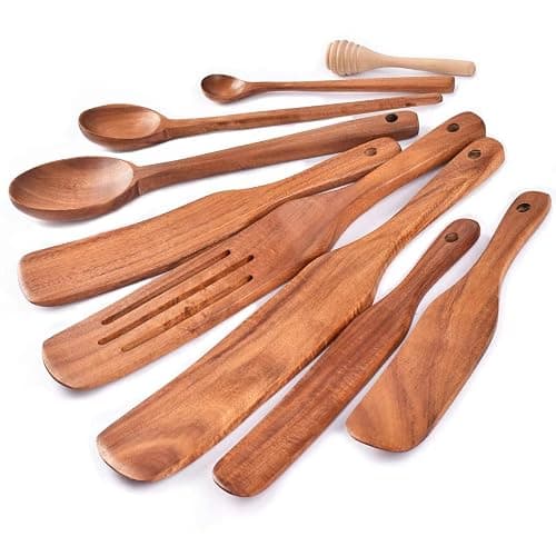 Spurtle Set,Wooden Spurtle Set of 9,Wooden Spoons for Cooking, Natural Teak Wooden Utensils for Cooking, Stirring, Mixing, Serving,Spurtles Kitchen Tools As Seen On Tv - Image 1