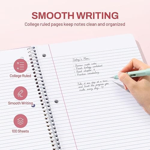 SUNEE Spiral Notebook, 1-Subject, College Ruled Paper, 8" x 10-1/2", 100 Sheets per Notebook, 3-Hole Punched Paper, Water Resistant Cover, Double-sided Pockets, Spiral Lined Notebooks for Work, Pink thumbnail 5