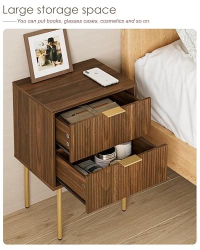 AEPOALUA Nightstand,Morden Bedside Table with Gold Frame,Small Night Stand,End Table,Bedside Furniture,Side Table with Drawer and Shelf for Bedroom,Living Room (2Drawers, Walnut Brown) thumbnail 6