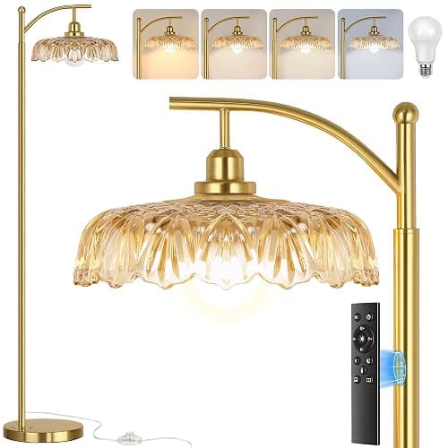 Gold Floor Lamp for Living Room, Dimmable Mid Century Modern Standing Lamp with Remote Control and Amber Glass Shade, 68" Tall Lamp for Bedroom, Vintage Retro Antique Glass Flower Lamp, Brushed Gold - Image 1