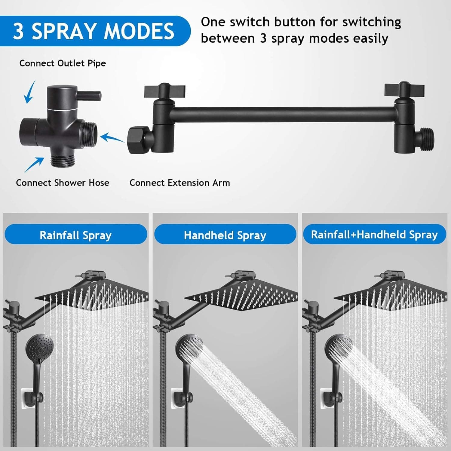 Regaderas para Baño de Lluvia de Alta Presión de 8 "/ ducha de 5 Modos Rociado mano, con brazo de extensión de 11 '', cabezal de ducha ajustable con soporte, manguera de 1,5 m (Negro) thumbnail 2
