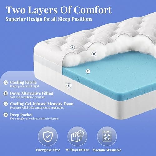 OhGeni Cooling 4 Inch Twin XL Dual Layer Mattress Topper, 2 Inch Gel Memory Foam,2 Inch Soft Pillow Top Pad, College Dorm Essentials Bedroom Mattresses Cover, Comfortable Sleep and Back Pain Relief thumbnail 12