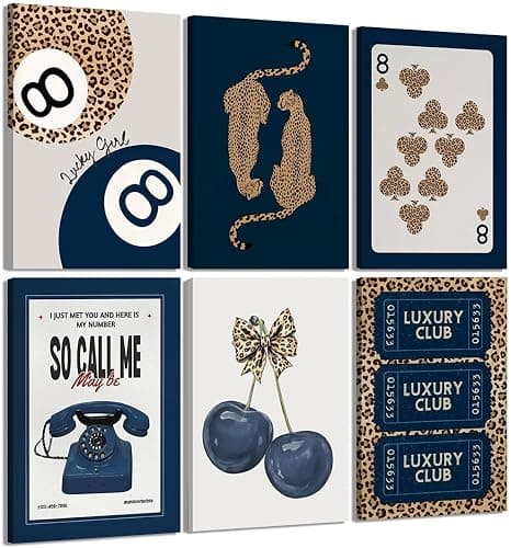 6Pcs Navy Blue Trendy Leopard Canvas Wall Art Fashion Lucky 8 Ball Painting pictures Preppy Y2K Aesthetics Wall Decor Trend Cheetah Prints Artwork for College Dorm Home Decoration 8x10in Framed - Image 1