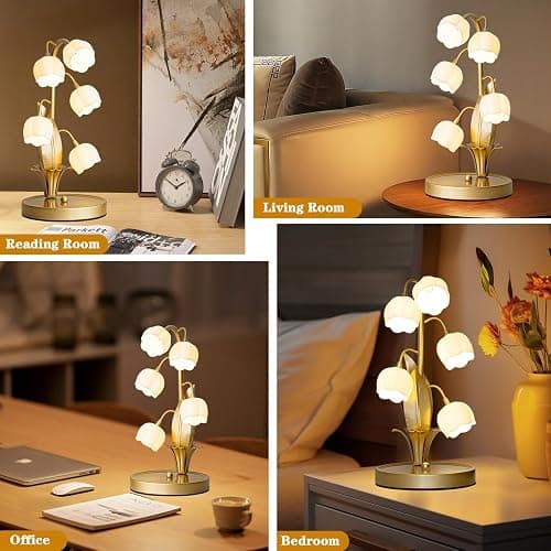 WERFOP Vintage Lily of the Valley Flower Table Lamp | 3 Color Adjustable LED Bedside Lamp, Cute Night Light for Bedroom, Living Room, Dorm Room, Office & Home Decor (Gold) thumbnail 5