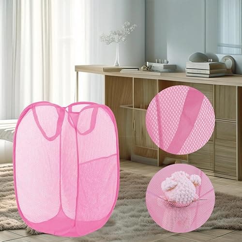 LXLOVESM Pop Up Laundry Hamper, Mesh Laundry Basket Collapsible, Foldable Hamper for Travel and Storage (Pink) thumbnail 6