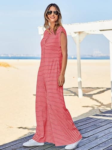 PINK SIZE SMALL Cicy Bell Womens Summer Striped Wide Leg Cap Sleeve Button Down Jumpsuits | Casual, Crew Neck Jumper, Waffle Knit Outfits, Long Pants Romper, with Side Pockets, Beach thumbnail 4