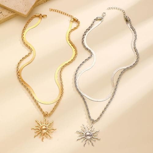 Yepelesi Sun Necklace for Women 14K Gold Silver Plated Layered Charm Necklace Double Chain Charm Pendant Necklaces Trendy Daily Wear Statement Jewelry Gift thumbnail 5