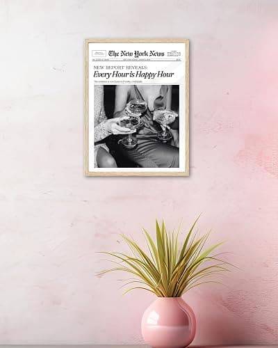 iHery Every Hour is Happy Hour Small Framed Trendy NewsPaper Wall Art, Natural OAK Wood 8x10in Canvas Wall Decor For Bedroom, Retro News Prints Posters for Girl Dorm Living Room Home 1Pack thumbnail 6