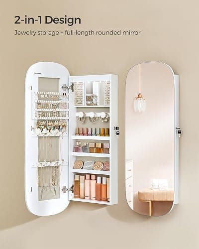 SONGMICS Jewelry Organizer, LED Jewelry Cabinet Wall/Door Mounted, Lockable Rounded Wide Mirror with Storage, Interior Mirror, 3.9 x 16.5 x 42.5 Inches, White Surface with Greige Lining - White + Greige thumbnail 9