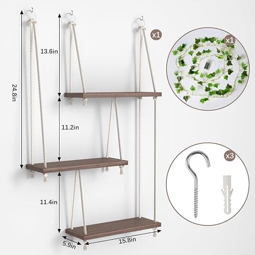REFGY Hanging Shelves for Wall with Vine Lights, 3 Tier Rope Wall Hanging Plant Shelf, Boho Wall Decor Aesthetic for Succulents, Bedroom, Living Room, Bathroom (Rustic Brown) thumbnail 3
