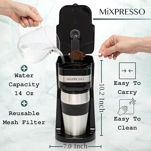 Mixpresso Black Personal Single Serve Coffee Maker with 14oz Travel Mug, Drip Small Coffee Maker with Auto Shut Off, Reusable Filter, Works with Ground Coffee Only – Not for K-Cup Pods thumbnail 3
