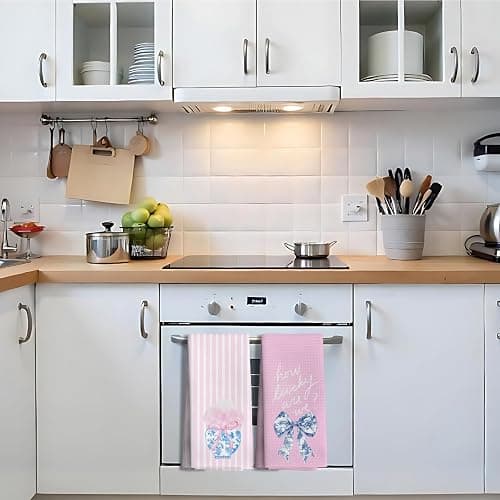 Nipil Chinoiserie Coquette Bow Floral Pink Kitchen Towels Decorative Set of 2, Trendy Preppy Blue and White Bow Floral Pink Kitchen Towels for Bathroom, Preppy Coquette Bathroom Decor, 16x24 Inch thumbnail 2