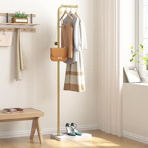 HOMEFORT Metal Coat Rack, Modern Coat Tree with 3 Hooks, L Shaped Coat Hanger Stand, Freestanding Coat Rack for Entryway and Corner, Gold thumbnail 2