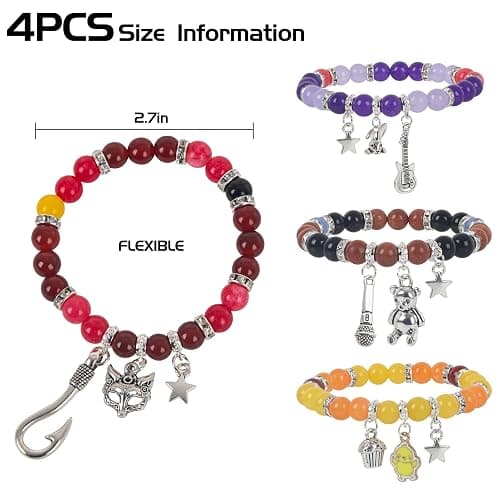 JUNIQUTE FNAF Game Inspired Bracelet for Women - 4PCS Charm Bracelet with Translucent Stone Beads & Metal Prop Charms, Pulseras Para Mujer, Birthday Valentines Gifts thumbnail 2