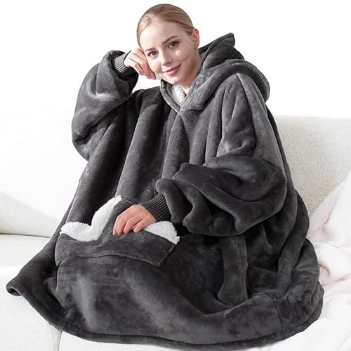 Touchat Wearable Blanket Hoodie, Oversized Sherpa Fleece Sweatshirt Blanket with Giant Hood Pocket and Sleeves for Adult, Warm & Cozy Grey Blanket Gifts for Women - Image 1