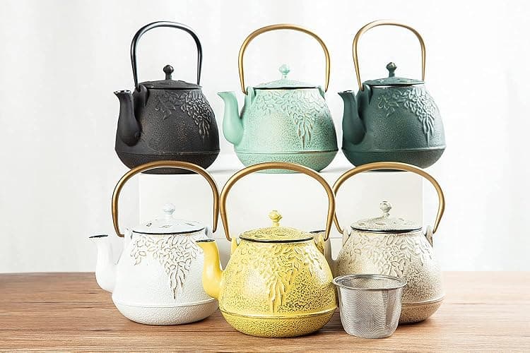 Toptier Cast Iron Tea Kettle, Stovetop Safe Japanese Cast Iron Teapot with Infuser, Leaf Design Tea Kettle for Stove Top Coated with Enameled Interior for 32 Ounce (950 ml), Warm Beige & Gray thumbnail 6