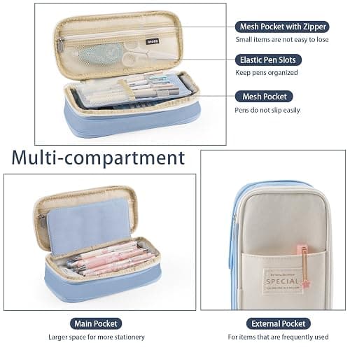 Koncci Large Pencil Case, Expandable Special Pencil Bag Double Zipper Blue | Stationery Storage Organizer Multiple Compartments Aesthetic Cute Pencil Pouch for School Office Kids Students thumbnail 4