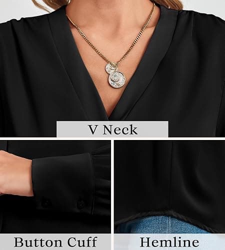Women's Business Casual Tops Summer Long Sleeve Button Down Shirts V Neck Chiffon Blouses thumbnail 5