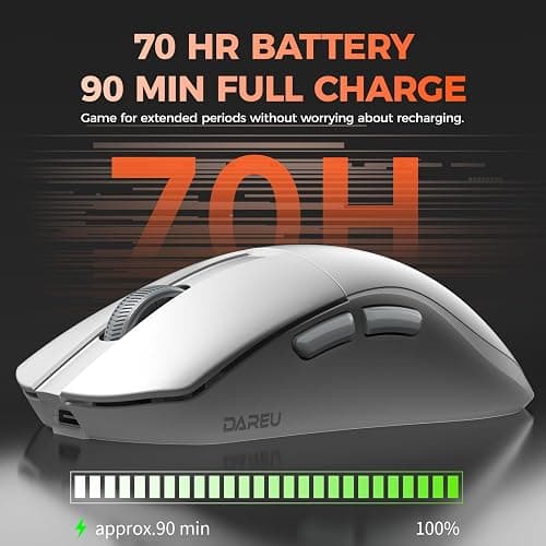 DAREU A950 Wing 8K Lightweight Wireless Gaming Mouse 1.23oz (35g), Custom PAW3950 30K Optical Sensor, Wired/Wireless Dual 8k Polling Rate, Symmetrical, 5 Programmable Buttons,70H Battery - White thumbnail 8