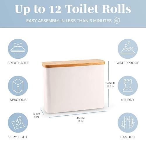 LONBET Toilet Paper Storage for 12 Rolls, Stackable & Foldable - The Ultimate Bathroom Organizer - Waterproof Basket with Bamboo Lid - Elegant Toilet Paper Storage Holder, Beige thumbnail 2